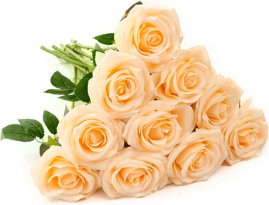 Artificial Rose 10pcs Open Flower Bouquet Faux Rose Stems for Wedding Arrangement, Bridal Bouquet, Centerpiece, Fake Faux Silk Flowers (Champagne)