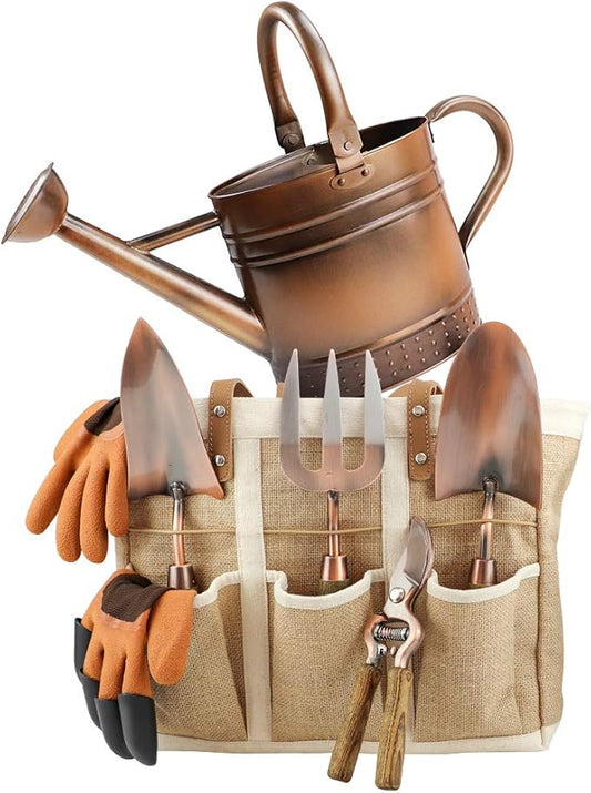 1 Gallon Galvanized Steel Watering Can with 3 Pcs of Garden Tools, 1 Pc of Pruning Shear, 1 Pair of Gardening Gloves，1 Pc of Garden Tools Organizer Tote
