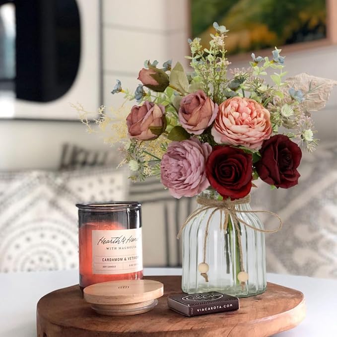 LESING Fake Artificial Flowers with Vase Faux Silk Flower Bouquet in Glass Vase Rose Floral Arrangements Flower for Home Office Decoration, Dining Table Centerpiece (Red)