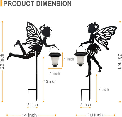 Solar Fairy Garden Stake Decorative Lantern, 2 Pack Metal Fairy Angel Garden Silhouette Lights for Lawn, Pathway, Patio, Yard Outdoor Decor