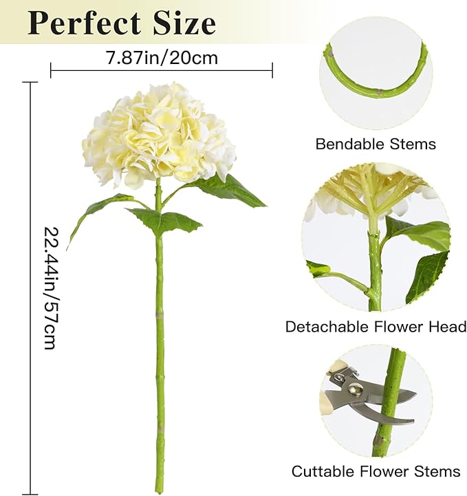 Nubry 22.44In Beige Hydrangea Artificial Flowers,4Pcs Latex Faux Real Touch Large Hydrangea Flowers with Long Stems & Leaves for Home Office Decor Wedding Party Arrangements(Beige)