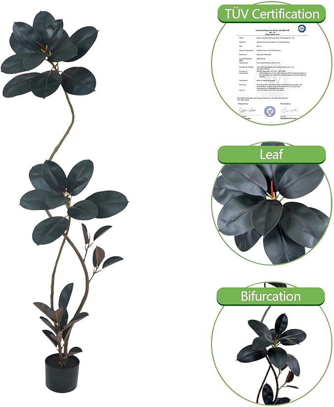 Artificial Rubber Tree Plant, 78 Inch Indoor Tree, Black with Round Planter, All Season Home Decor (Black,6.5ft)