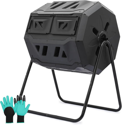 Magshion 43 Gal Chamber Compost Tumbler Outdoor Tumbling Composting Bins High Volume Garden Composter w/Dual Chamber Sliding Doors for Gardening, Black Sliding Doors