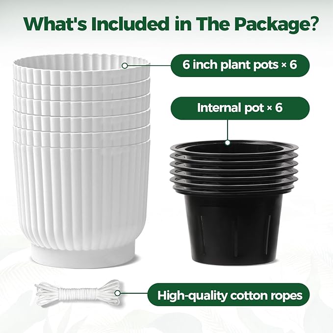 T4U 6 Inch Self Watering Pots for Indoor Plants, 6 Pack Plant Pots, Self Watering Planter for Indoor Plants, Durable Plastic Pots, Flower, Succulents (6 Pack, 6", White)