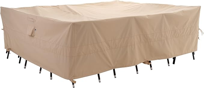 WJ-X3 Rectangular Beige Patio Table Cover, 102W x 78D x 31H Inches - Heavy Duty, Waterproof, Wind-Resistant, Anti-Fade - Ideal for Outdoor Dining Set Protection