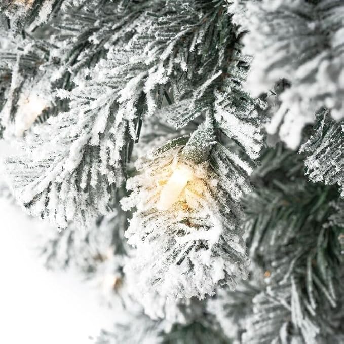 Naomi Home 6 5ft Slim Snow Flocked Christmas Tree with Lights Realistic Frosted Skinny Pencil Christmas Tree Prelit with 864 Branch Tips 250 Warm Lights and Metal Stand Aritificial