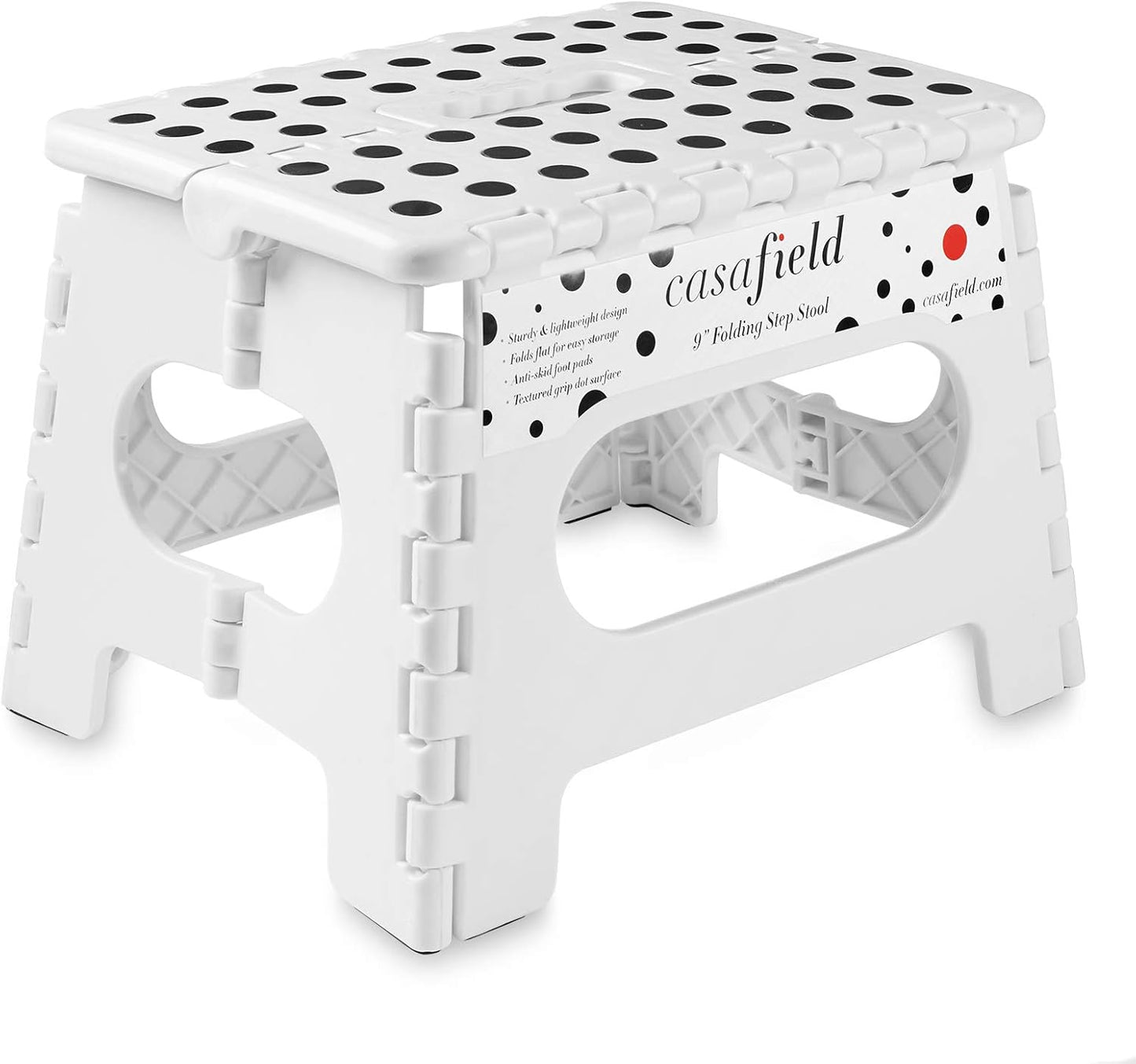 Casafield 9" Folding Step Stool with Handle, White - Portable Collapsible Small Plastic Foot Stool for Kids and Adults - Use in The Kitchen, Bathroom and Bedroom