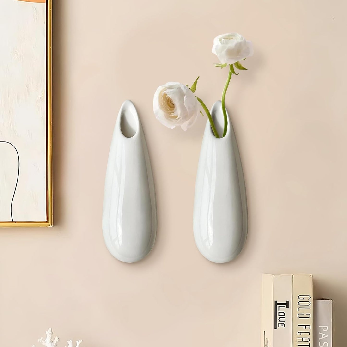 2 Pack White Ceramic Wall Vases,7.9 Inch Wall Hanging Plant Holder,Cubicle Modern Decor Plant Holder Vase for Indoor Plants, Hanging Propagation Flower Pots for Air Vases
