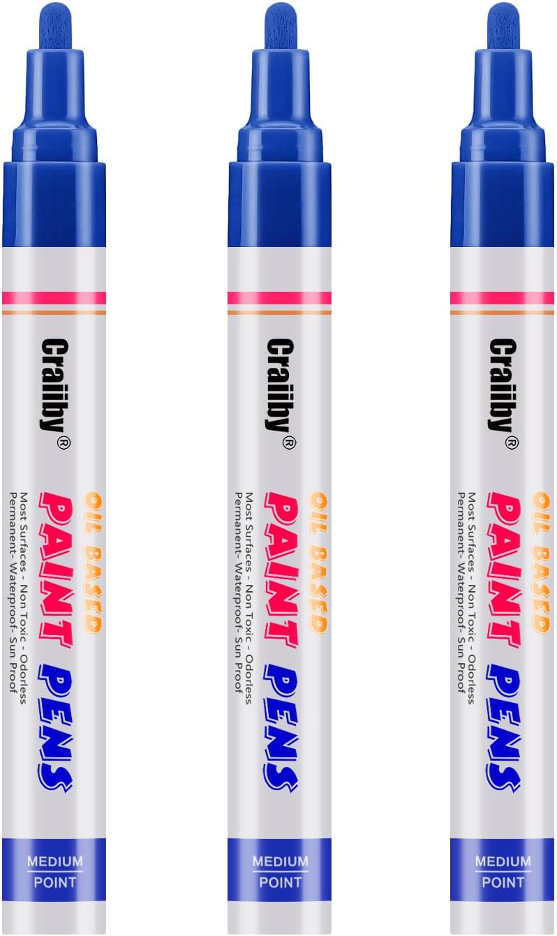 Blue Paint Markers, 3 Pack Oil-Based Waterproof Quick Dry Permanent Paint Pen Set for Rocks Painting, Wood, Fabric, Plastic, Canvas, Glass, Mugs, Metal, Tire, Stone, DIY Craft