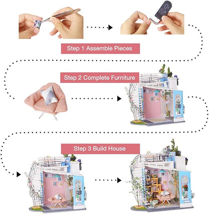 ROBOTIME DIY Miniature Dollhouse Kit - 1:24 Scale Miniature House Kit with LED Light - Tiny House Kit with Furniture Best Birthday for Women and Men
