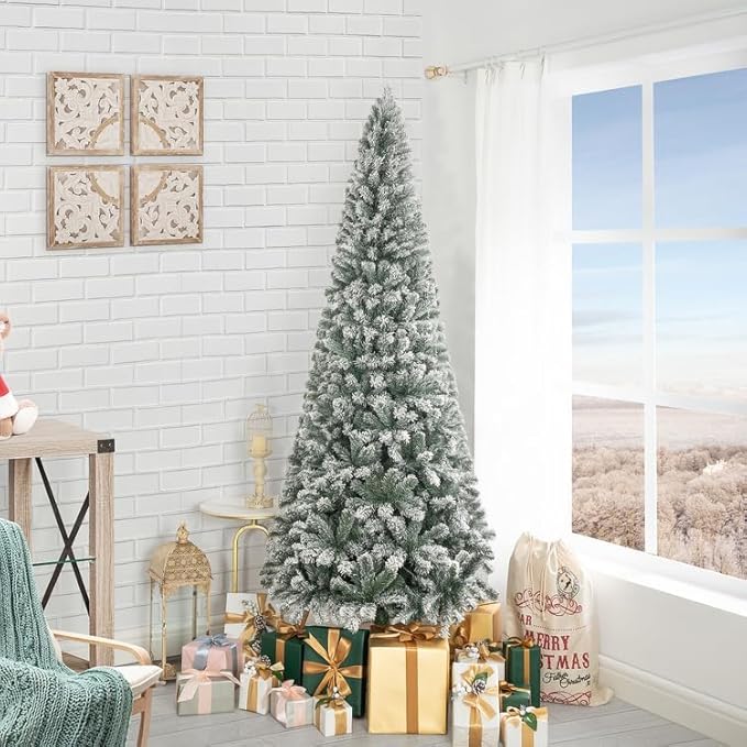 Naomi Home 6 5ft Slim Snow Flocked Christmas Tree with Lights Realistic Frosted Skinny Pencil Christmas Tree Prelit with 864 Branch Tips 250 Warm Lights and Metal Stand Aritificial