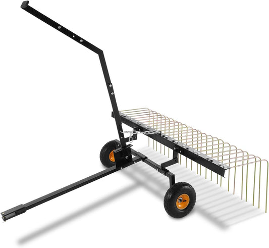 VEVOR Tow Behind Dethatcher, 60-inch Tow Dethatcher with 24 Steel Tines, Lawn Dethatcher Rake for ATV or Mower, Tow Behind Lawn Rake with Lift Handle for Leaves, Pine Needles, and Grass