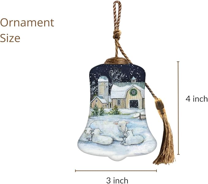 Winter on The Farm Bell Ornament – Reverse Hand-Painted Glass for Christmas Tree – Snowy Barn Scene with Sheep & Cardinal – Christmas Tree Decoration in Satin-Lined Gift Box
