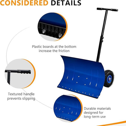 TUFFIOM Snow Pusher Shovel for Driveway with Wheels, 29"/39" Wide Heavy Duty Push Snow Plow Shovel, Wheeled Rolling Snow Shovels for Removal Adjustable Angle & Height Handle (Klein Blue(29 inch))