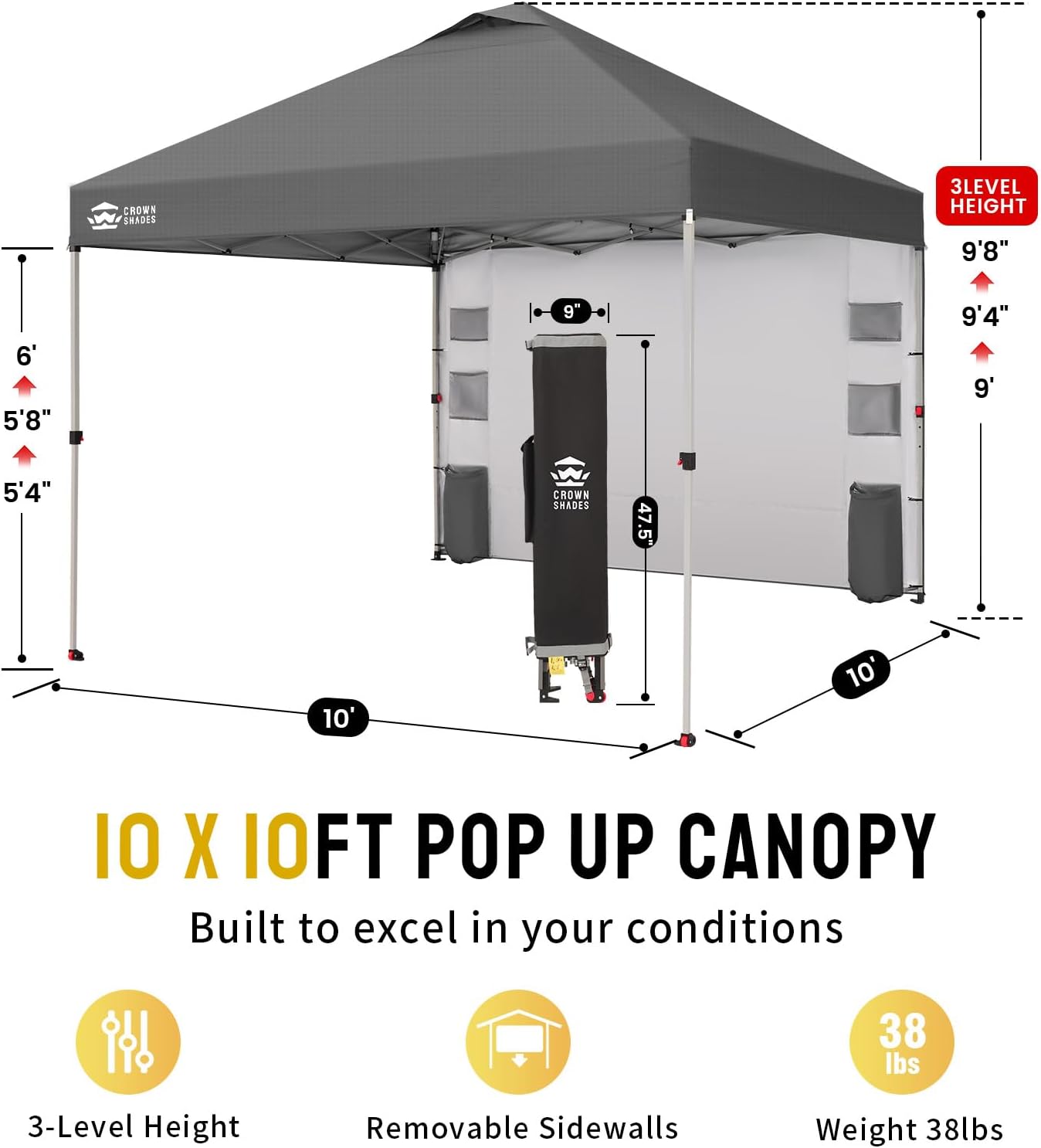 CROWN SHADES Canopy Tent 10x10 Pop Up Canopy Outdoor Shade with Pockets Sidewall, Easy Up Sun Shelter with One Person Set Up Center Lock, Portable Instant Camping Beach Canopies Tents, Grid Grey