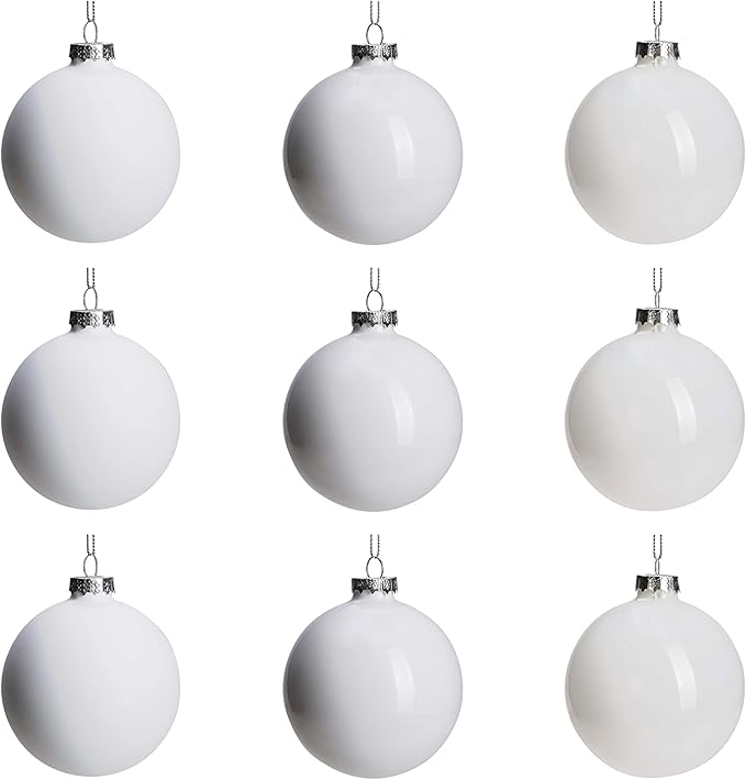DN DECONATION White Glass Christmas Ornaments, Set of 9, 3' Hanging Christmas Baubles for Xmas Tree Decoration, Wedding Party Gift