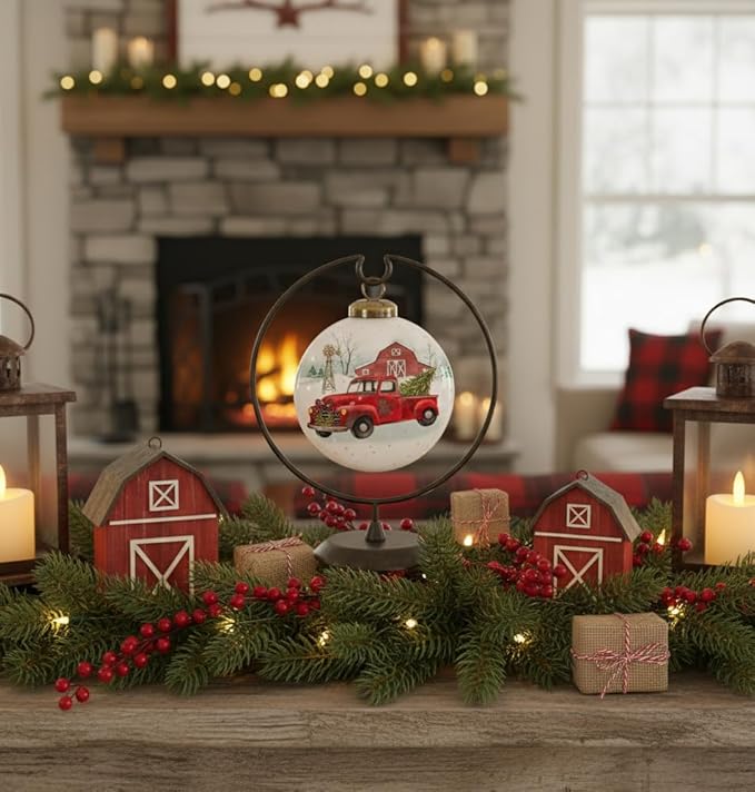 Red Truck Ornament with Tree and Barn – Farmhouse Christmas Decor –Hand-Painted Glass Vintage Red Truck Ornament for Christmas Tree