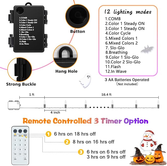 Battery Christmas Lights, 2 Pack 50 LED Dual Color Changing Mini String Light with Remote, 12 Modes 3 Auto-Timer, Waterproof for Outdoor Indoor Decor (Orange Purple & Warm White, 50 LED - 2 PACK)