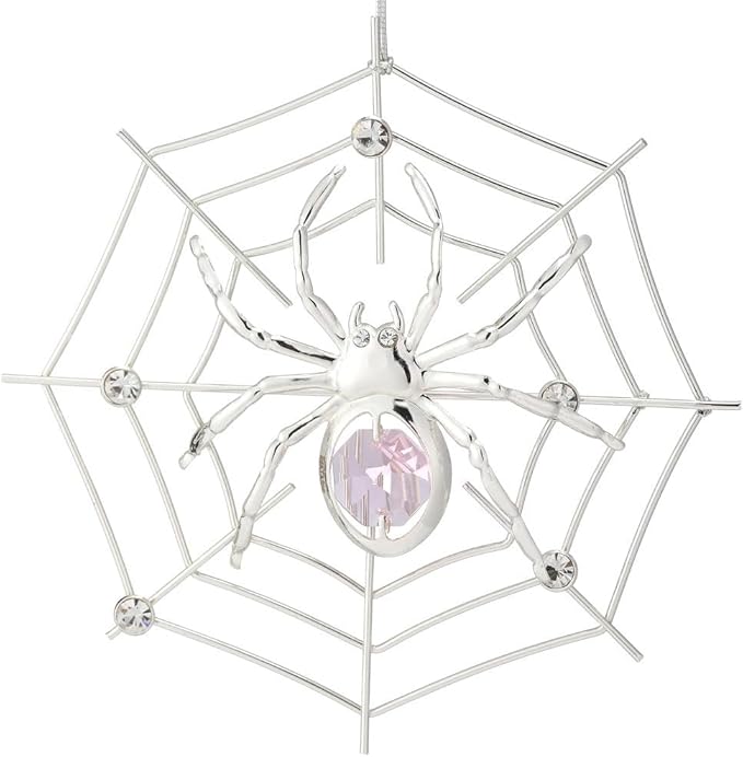 Matashi Silver Plated Christmas Tree Spider Ornament w Pink, Clear Crystals Lucky Hanging Decoration, Holiday Ornament Gift, Unique Spider Decor for Christmas & Halloween Party w Tinsel Legend Story