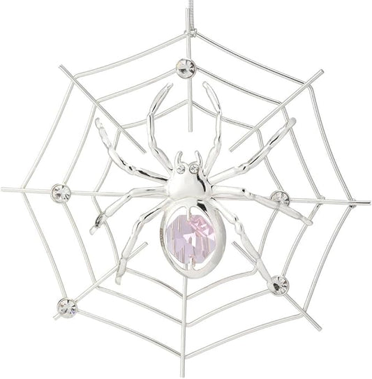 Matashi Silver Plated Christmas Tree Spider Ornament w Pink, Clear Crystals Lucky Hanging Decoration, Holiday Ornament Gift, Unique Spider Decor for Christmas & Halloween Party w Tinsel Legend Story