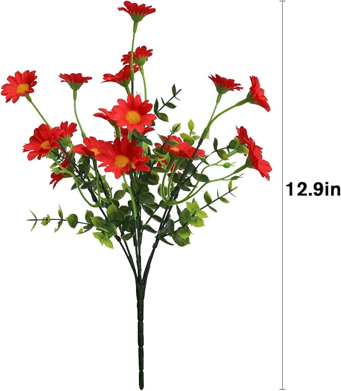 Burgundy Fake Flowers Outdoor 8 Bundles Red Artificial Daisy Plants Outside for Yard Front Porch Planter Decor (8 Bundles Red)