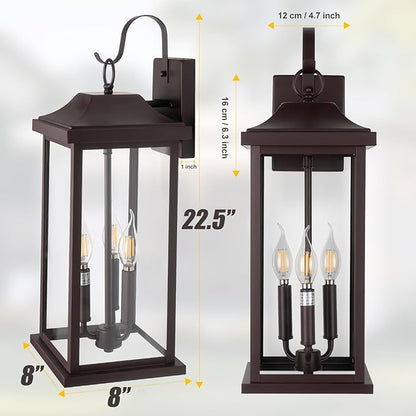 23” Extra Large 3-Light Oil Rubbed Bronze Outdoor Light Fixtures 2 Pack, IP65 Waterproof Vintage Outside Lights for House Brown Front Porch Light Lanterns Exterior Coach Lights, E12