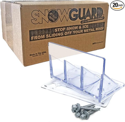 20 Pack Jumbo Snow Guards for Metal Roofs – Clear Polycarbonate with Perfect Seal Gaskets & Screws – Heavy-Duty Roof Snow Stops Prevent Sliding Snow & Ice | Made in USA