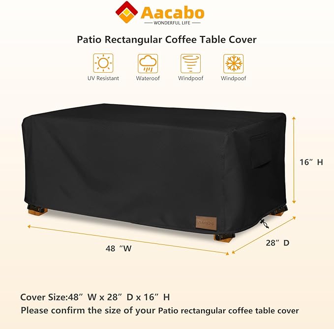 Waterproof Outdoor Coffee Table Cover,Rectangular Patio Small Side Table Cover,Outdoor Table Covers Rectangle Waterproof,48 x 28 x 16 inch -Black