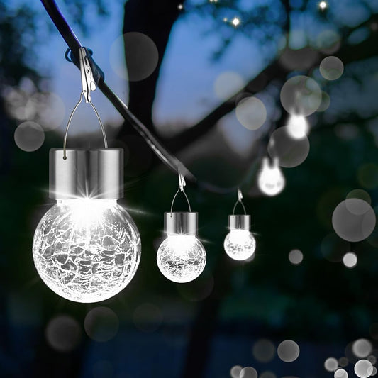 PARTPHONER 32 Pack Hanging Solar Lights Outdoor, Waterproof Solar Globe Lantern with Handle and Clip, Decorative Cracked Glass Ball Lights for Christmas Decor, Tree, Yard, Garden, Patio (Cold White)