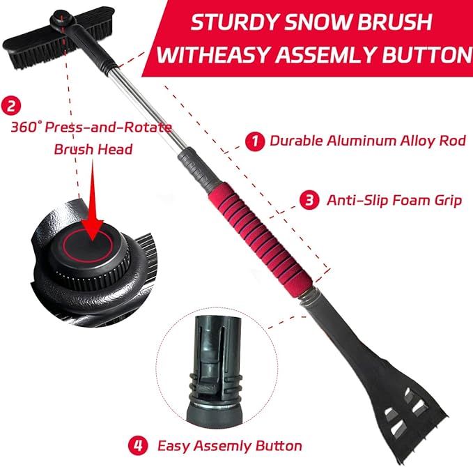 Ice Scraper and Snow Brush for Car, Lightweight 7" Brush Head & 33.5" Extendable Handle for Quick Windshield and Window Cleaning on SUV, Truck, Auto (Yellow)