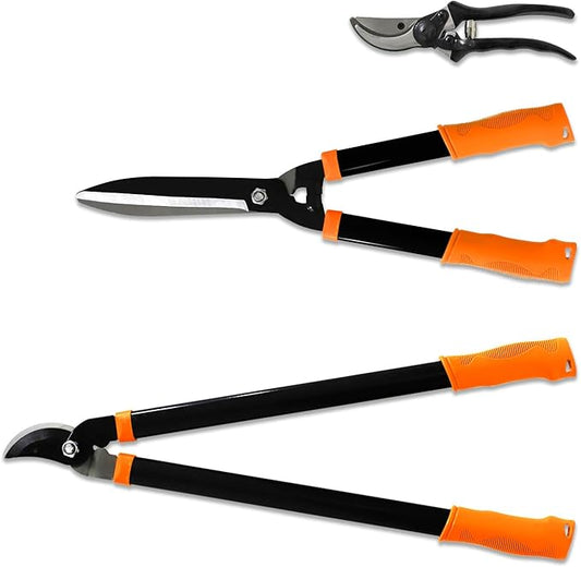 E&K Sunrise Set of 3 Pieces Garden Tree Tools for Lawn & Garden Care Garden Kit with Lopper, Hedge Shears and Pruner Shears, Tree & Shrub Care Kit