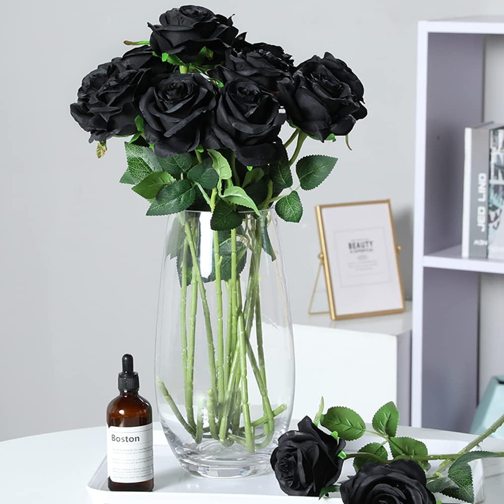 Hawesome 12PCS Artificial Silk Flowers Realistic Roses Bouquet Long Stem for Home Wedding Decoration Party (12PCS-Black)