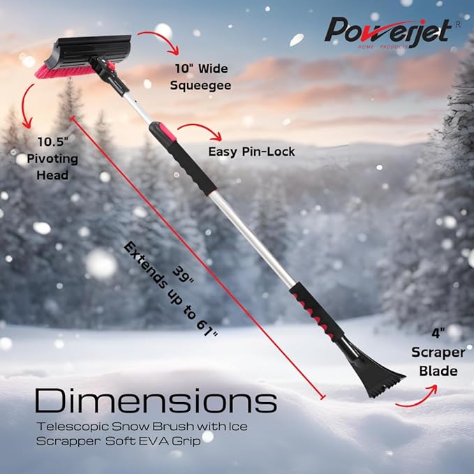 POWERJET 39”- 61” 3-1 Pivot Long Snow Brush with Ice Scrapper (C80000), Window Squeegee, Snow Broom Head, Pin Lock Telescopic with Soft EVA Grip, Ice Scraper Combo, Cars, SUVs