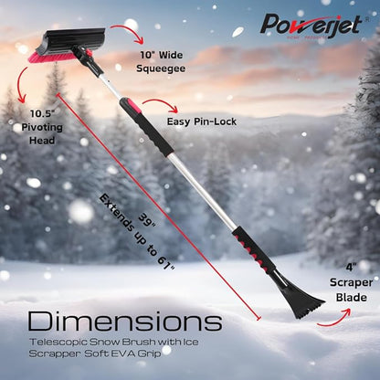 POWERJET 39”- 61” 3-1 Pivot Long Snow Brush with Ice Scrapper (C80000), Window Squeegee, Snow Broom Head, Pin Lock Telescopic with Soft EVA Grip, Ice Scraper Combo, Cars, SUVs
