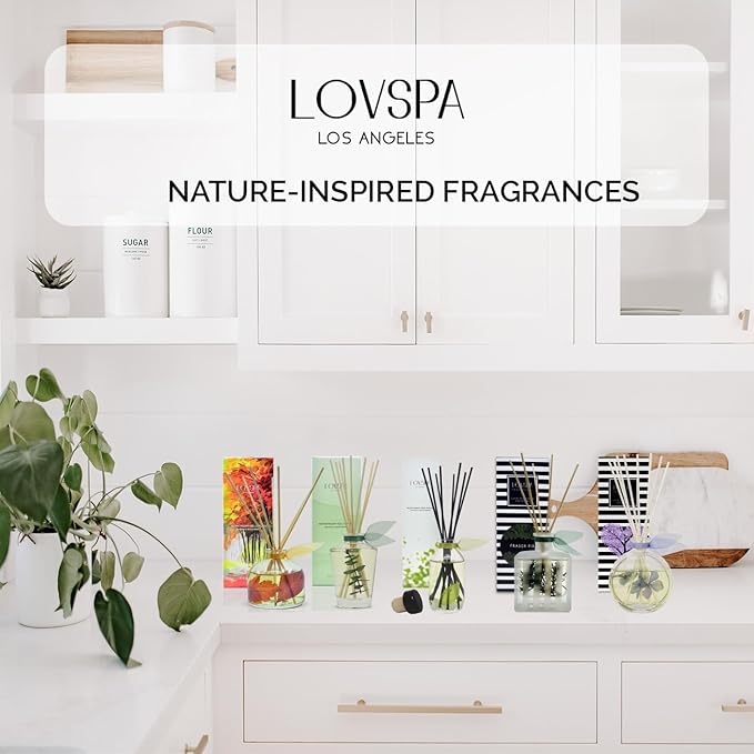 LOVSPA Reed Diffuser Set, Sandalwood & Amber Scented Oil Diffuser with Sticks, Home Fragrance Accessories for Bathroom Shelf Decor, Aroma Diffusers for Home or Office Fall Decor, USA Made