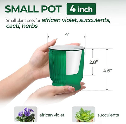 T4U 4 Inch Self Watering Plant Pot, 4 Pack Self Watering Pots, Small Self Watering Planter with Reservoir for Indoor Plants, African Violets (4 Pack 4" Pots, Translucent Green)