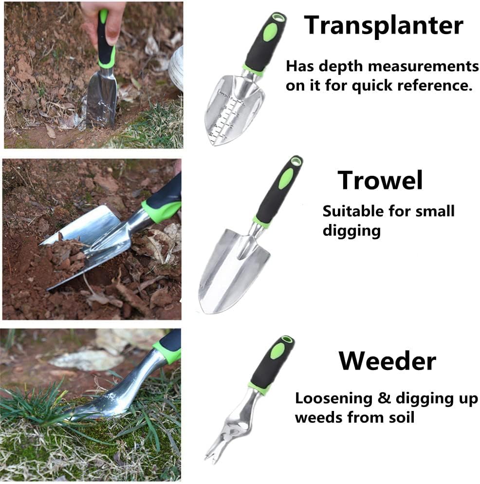 Garden Tool Set, 8 Pcs Heavy Duty Aluminum Rustproof Gardening Hand Tools，with Non-Slip Rubber Grip,Durable Storage Tote Bag,Outdoor Hand Tools, Idea for Transplanting, Weeding, Digging and Planting