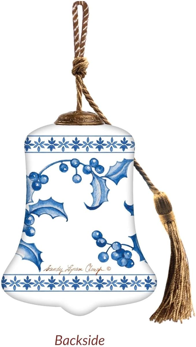 Poinsettia Ornament – Hand-Painted Glass Bell Christmas Ornament – Blue and White Holiday Design – Poinsettia Ornaments for Christmas Tree