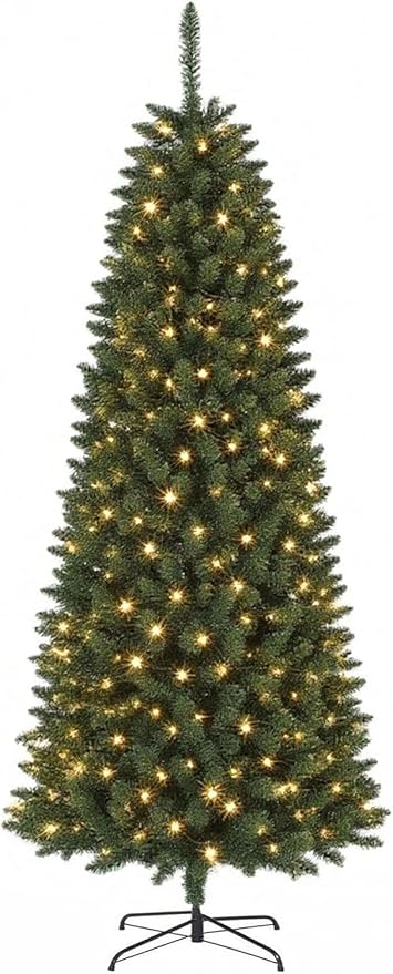 6FT Pre-Lit Artificial PVC Pencil Christmas Tree with 200 Warm White LEDs - Slim Two-Tone Design, Easy Assembly Holiday Decor for Home, Office & Parties (Green, 477 Tips)