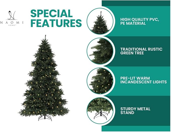Naomi Home 4.5ft Rustic Christmas Tree with Lights, Realistic Classic Christmas Tree Prelit with 1117 Branch Tips, 300 Warm Lights and Metal Stand, Aritificial Xmas Tree