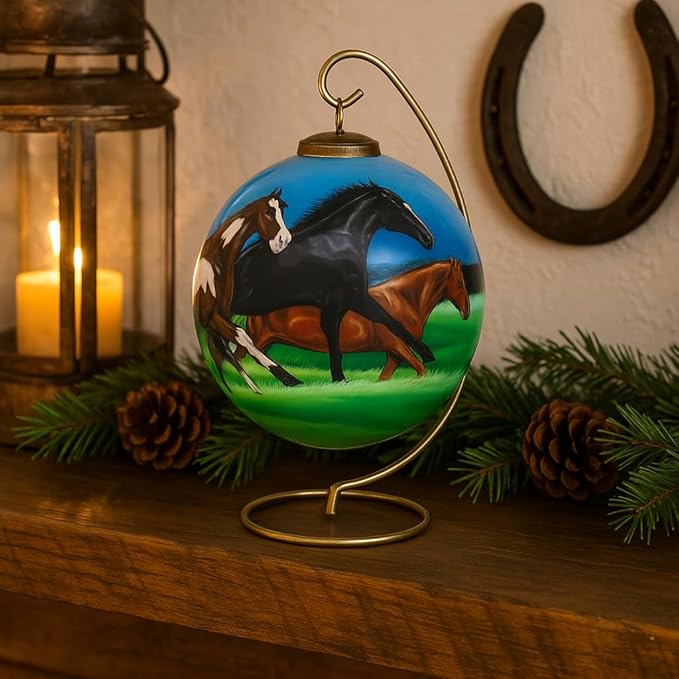 Running Horse Christmas Ornament – Hand-Painted Glass Horse Ornament for Christmas Tree – Black, Brown & Pinto Horses in Motion – Horse Ornaments for Equestrian Holiday Decor