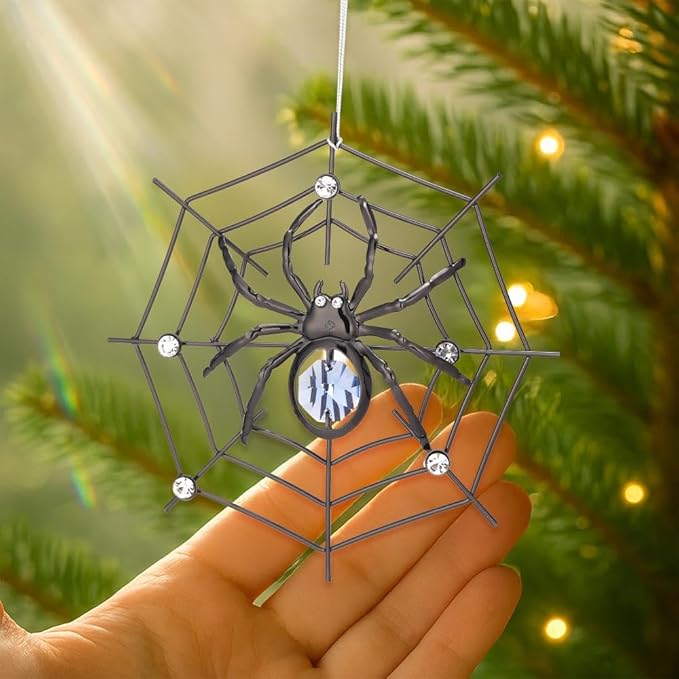 Matashi Black Spider Hanging Ornament for Christmas Tree w Blue, Clear Crystals –Lucky Spider Web Decoration for Tree, Seasonal Decor Holiday Hanging Ornament Gift Inspired by Christmas Spider Legend