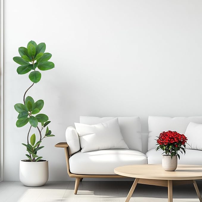 Artificial Rubber Tree Plant, 5.3ft Tall Black with Round Planter, All Season Home Decor (Green,5.3ft)