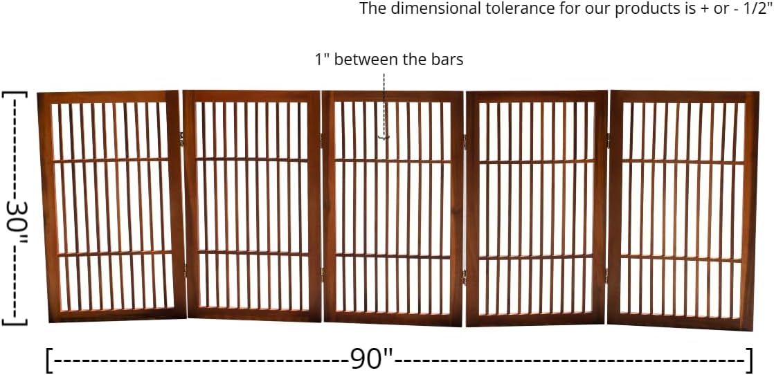 Pet Dog Gate Strong and Durable Freestanding Folding Acacia Hardwood Portable Wooden Fence Indoors or Outdoors by Urnporium (Brown Pet Gate, 5 Panel 30" Tall)