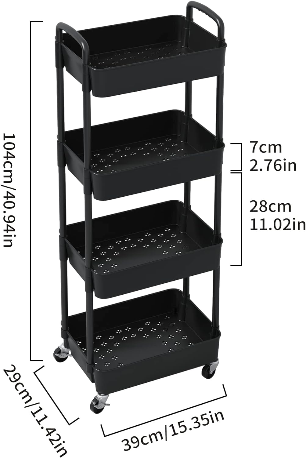 Sywhitta 4-Tier Plastic Rolling Utility Cart with Handle, Multi-Functional Storage Trolley for Office, Living Room, Kitchen, Movable Storage Organizer with Wheels, Black