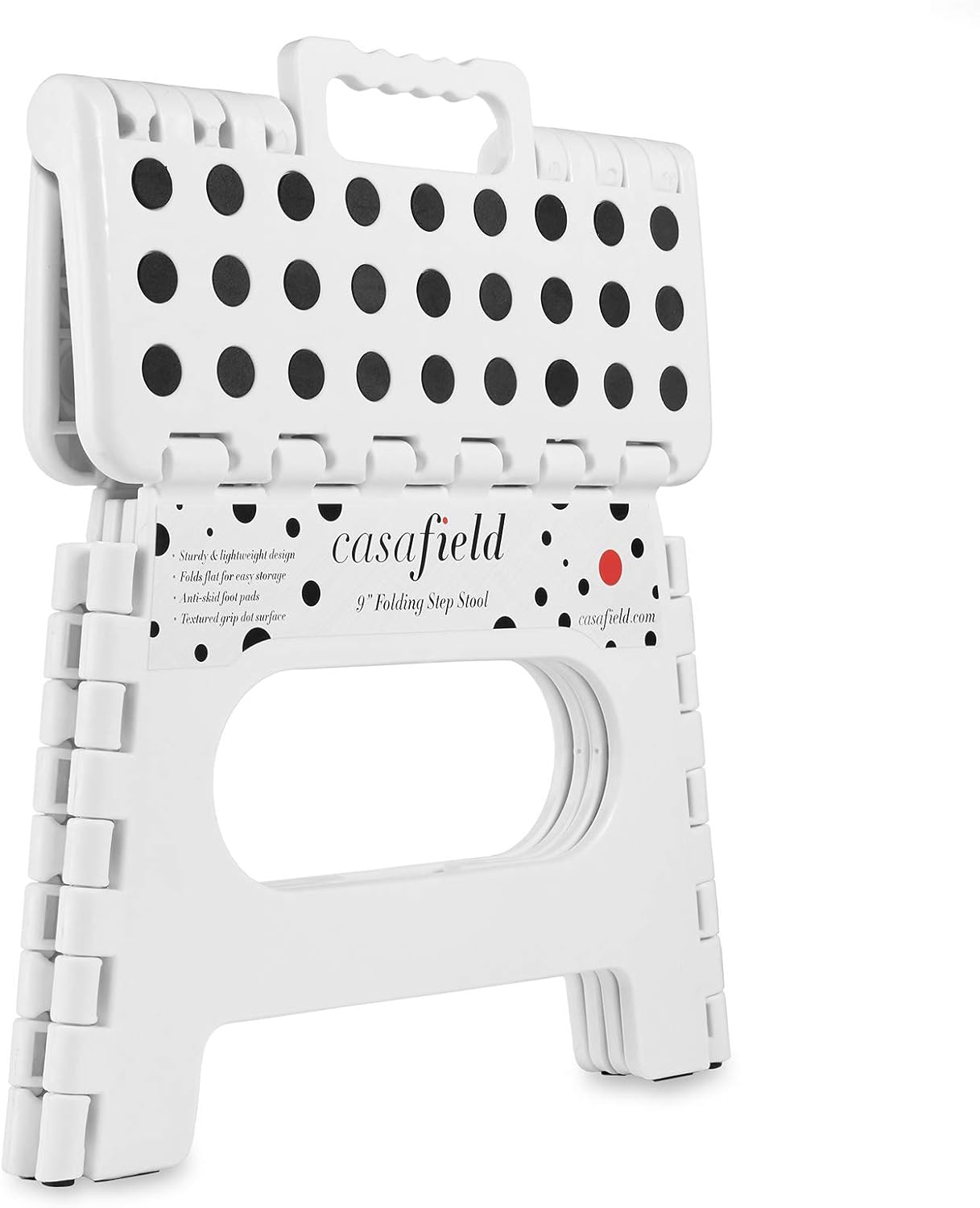 Casafield 9" Folding Step Stool with Handle, White - Portable Collapsible Small Plastic Foot Stool for Kids and Adults - Use in The Kitchen, Bathroom and Bedroom