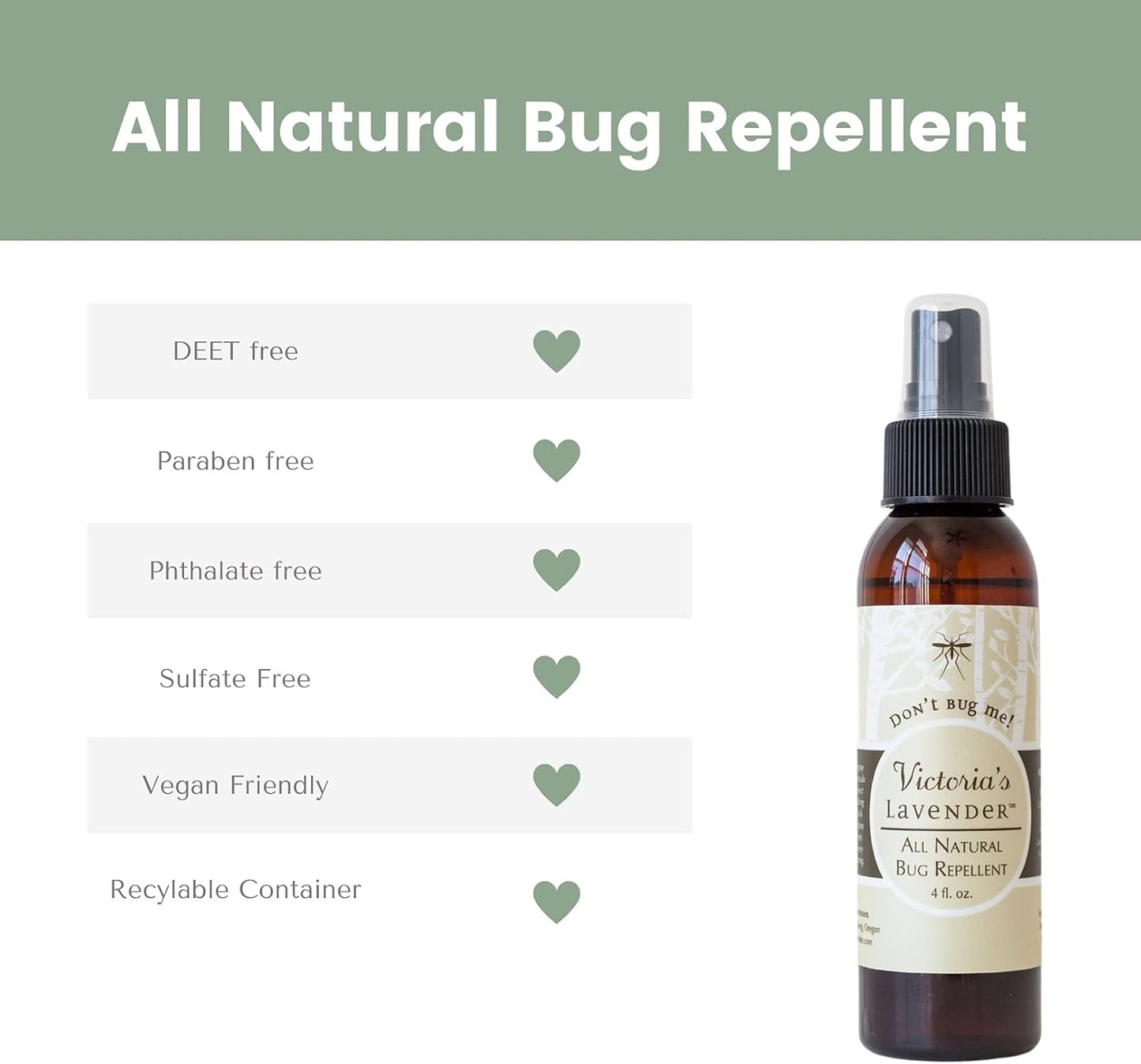 Victoria's Lavender Organic Don’t Bug Me Insect Spray DEET-Free, Made with Plant Based Essential Oils & Aloe Vera - Made in The USA - (1 Pack 4 Fl Oz)
