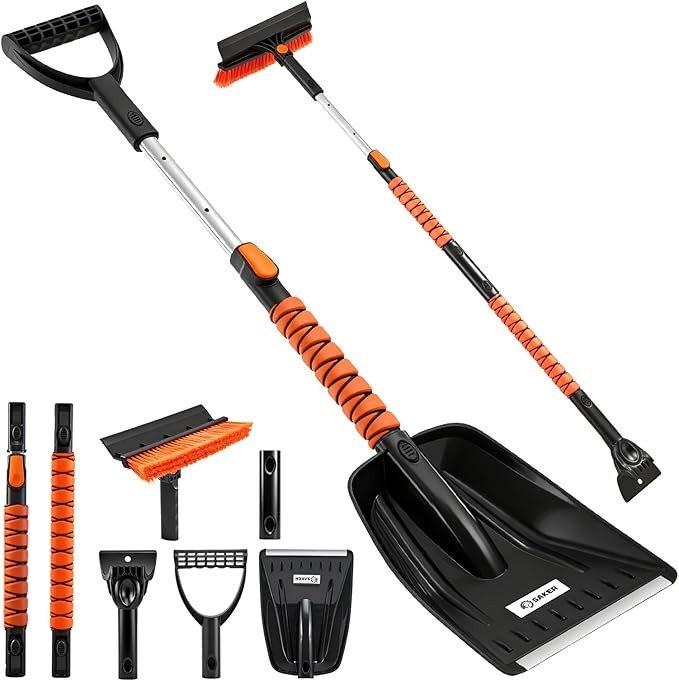 Saker Upgraded 56'' Car Snow Brush and Ice Scraper,6-in-1 Aluminum Snow Shovel Snow Broom with Foam Grip 180° Pivoting Brush Head,Durable Snow Scraper for Cars,SUVs,Trucks