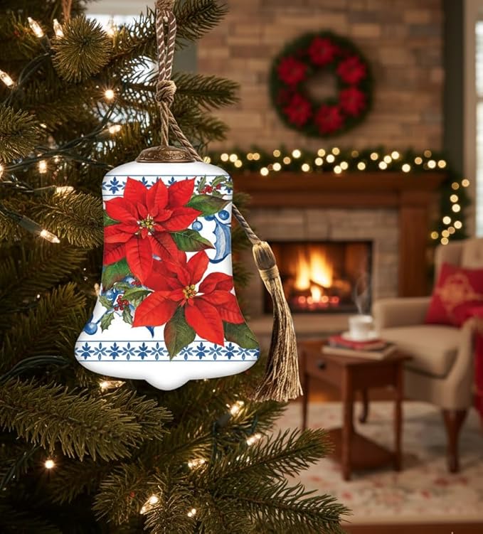 Poinsettia Ornament – Hand-Painted Glass Bell Christmas Ornament – Blue and White Holiday Design – Poinsettia Ornaments for Christmas Tree