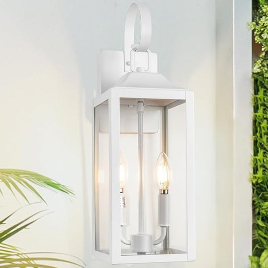 19" White Outdoor Wall Lantern 2-Light, Large Modern Wall Sconce Light Fixture, Industrial Porch Light with Glass, Waterproof Farmhouse Exterior Lamp